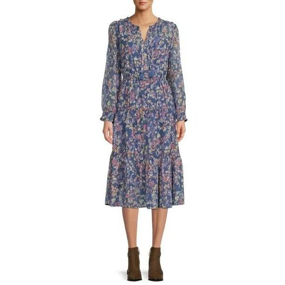 BeachLunchLounge Tiered floral midi Dress Size XL blue chiffon long sleeve